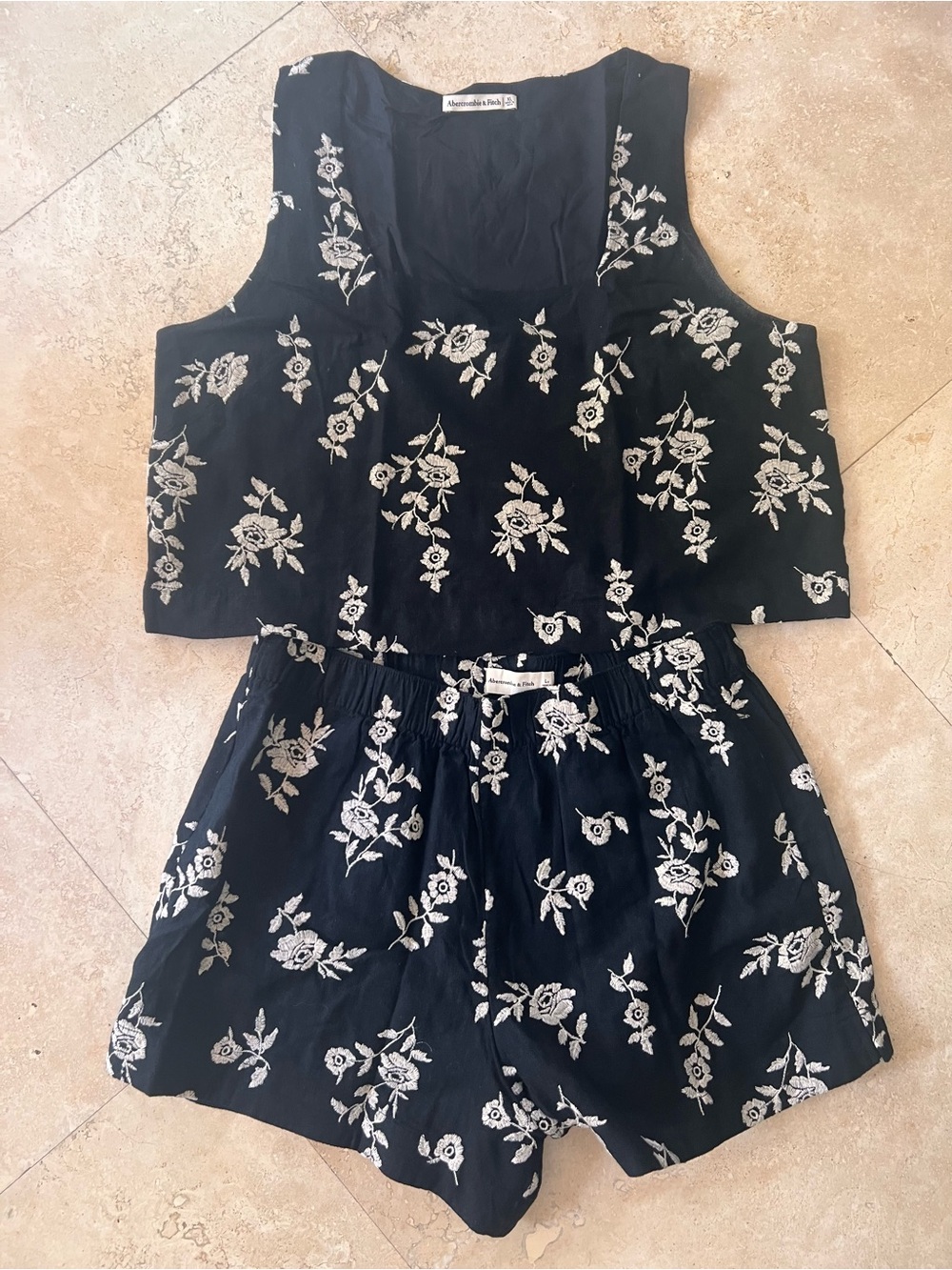 Abercrombie & Fitch Black Two-Piece Floral Embroidered Set
